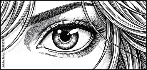 Detailed black and white manga eye illustration, hand drawn female anime character face close up, vintage ink sketch with stippling