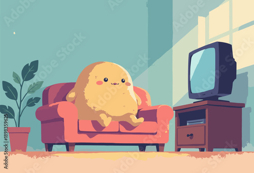 Potato sitting tiny couch watching TV Literal Couch Potato Flat