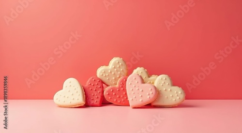 Several heart shaped cookies are arranged on a pink surface love background