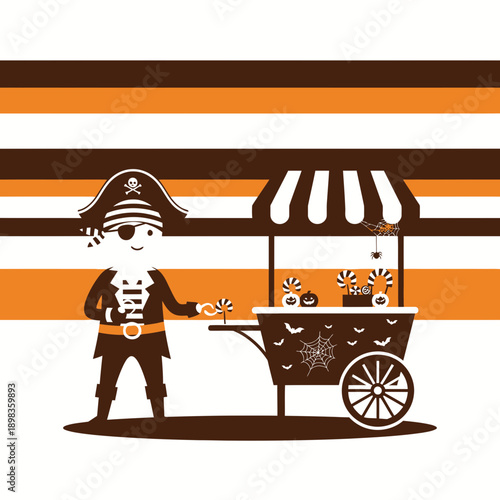 A Cheerful Pirate Seller Offers Delightful Halloween Sweets and Treats from a Decorated Cart