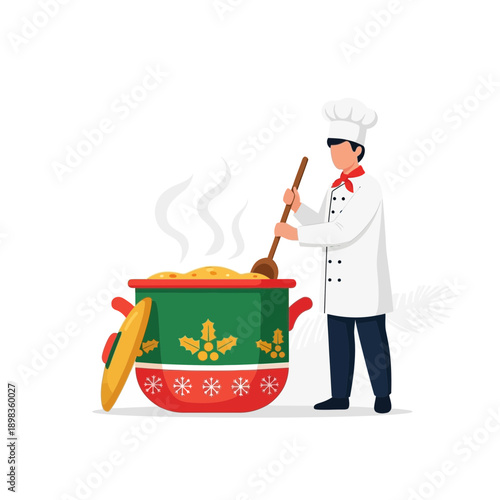 A Chef Expertly Stirring A Large Pot Of Culinary Delight With Festive Holiday Decorations