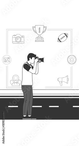 A Photographer Captures A Moment Amidst Icons Representing Success, Sport, And Communication