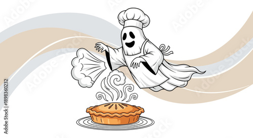A Spooky Chef Ghost Presenting A Delicious, Freshly Baked Pie Illustration