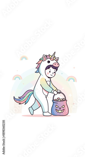 A Delightful Youngster In A Unicorn Costume Embarks On A Halloween Trick-Or-Treat Adventure