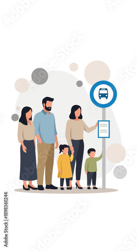 A Family Waits Patiently at a Bus Stop, Anticipating Their Journey Together and Exploration