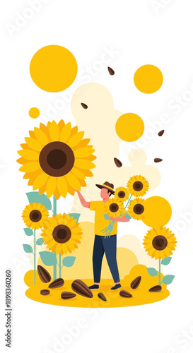 A Farmer Harvests Sunflowers Amidst Floating Orbs of Sunlight, Summer Scene