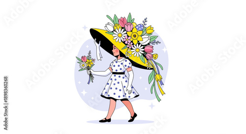 A Floral Elegance: A Woman Adorned With a Magnificent Hat and Bouquet