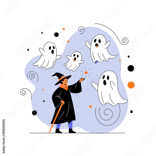 A Magician In Black Robes Conjuring Ethereal Ghosts Against A Pastel Backdrop, Flat Design