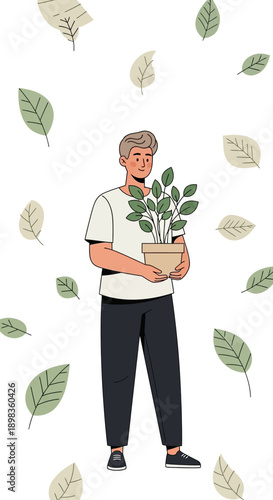 A Man Holding A Potted Plant Surrounded By Falling Leaves