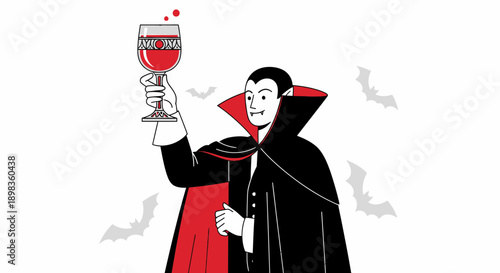 A Vampire Toasting with a Wine Glass, Celebration and Halloween Concept Illustration