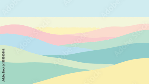 Colorful, layered abstract landscape with gentle hills in pastel tones