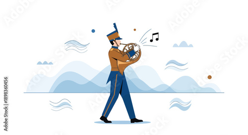A Marching Band Member Plays French Horn During a Parade Performance in a Flat Design