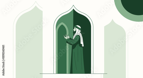 A Man In Traditional Garb Offers A Prayer At An Arched Entrance