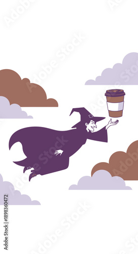 A Mystical Sorceress Soaring Through Sky With A Coffee Cup Amidst Fluffy Clouds