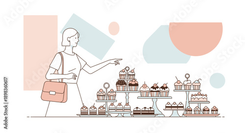 A Woman Selects Sweet Delicacies From A Beautifully Arranged Bakery Display
