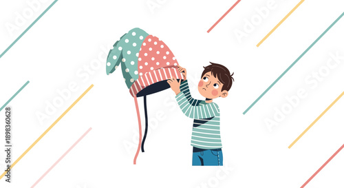 A Young Boy Examining a Unique Hat with Curious Expression In A Colorful Illustration