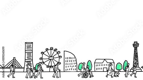 横浜の観光地と人々の手描きループアニメーション