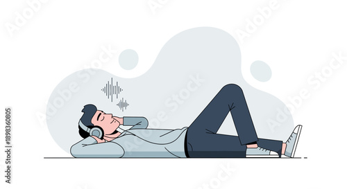 A Person Enjoys Music Relaxation With Headphones On A Relaxing Modern Minimalist Background