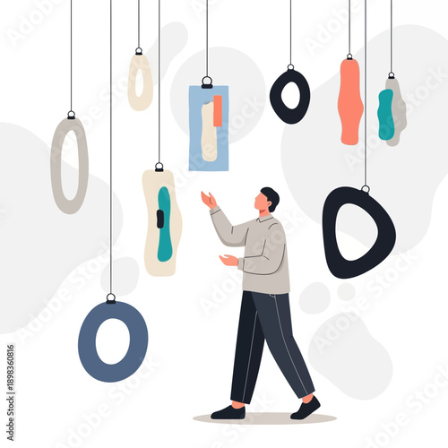 Abstract Art Installation Person Interacting With Sculptural Elements