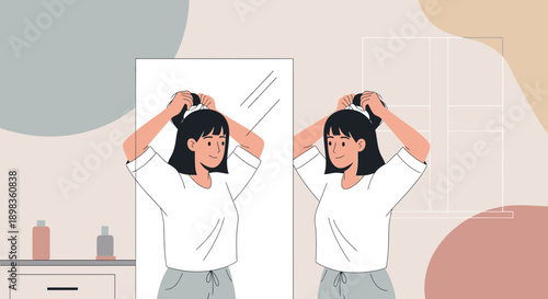 A Young Woman Styles Her Hair While Gazing Into A Mirror