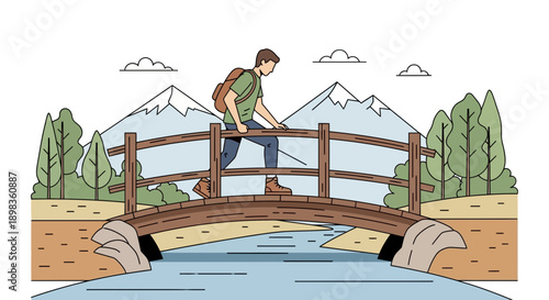 A Person Hiking Across A Wooden Bridge In A Scenic Mountainous Environment