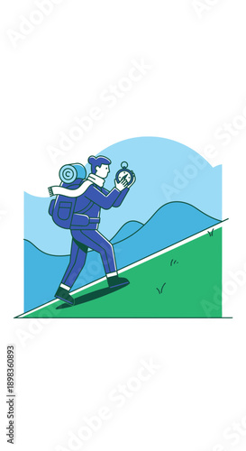 A Person Hiking Uphill, Utilizing a Compass, Pursuing Exploration and Adventure