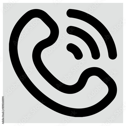 A dark grey outline icon of a telephone handset with radiating signal lines indicating an active call isolated on white background, Vector