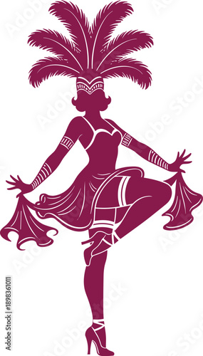Vintage cabaret showgirl dancer silhouette in purple, festive carnival samba performer with feather headdress and high heels vector illustration, party