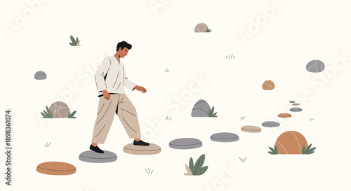 A Person Navigates a Stone Path Toward a Goal Amidst Nature's Calm Scenery