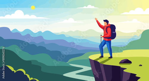 Adventure Seeker Conquers Scenic Mountain Summit Overlooking Vast Valley Below