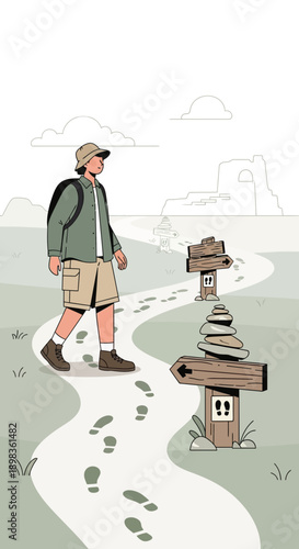 Adventurer Choosing Path Amidst Directional Signs and Footprints Guiding His Journey Forward