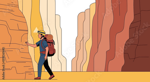 Adventurer Exploring Majestic Desert Canyons With Backpack