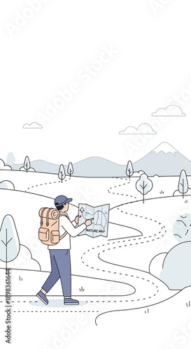 Adventurer Explores Scenic Terrain Navigating With A Map Amidst Lush Green Landscapes