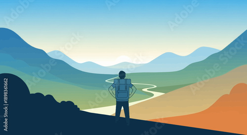 Adventurer Gazing Upon Expansive Scenic Mountainous Landscape Vista