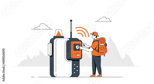 Adventurer Interacts With Futuristic Communication Device In Wilderness Setting