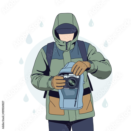 Adventurer Prepares Camera For Outdoor Photography In Light Rain