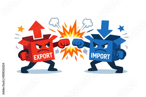 Export versus Import boxes in a cartoon fight scene