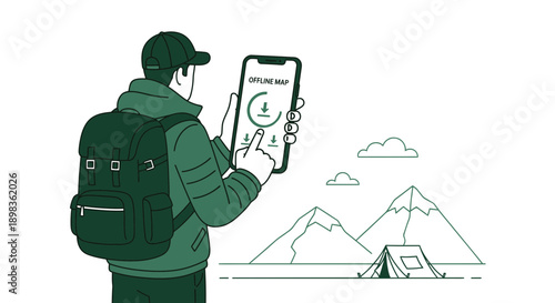 Adventurer Using Offline Map Application On Phone To Navigate Mountainous Terrain