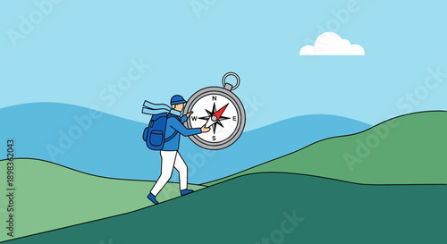 Adventurer With Compass Navigates Rolling Green Hills On A Sunny Day