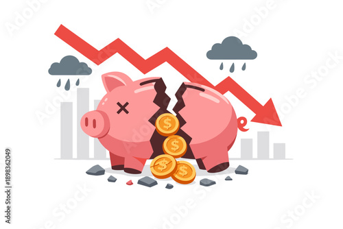 Broken piggy bank with coins falling, symbolizing financial crisis