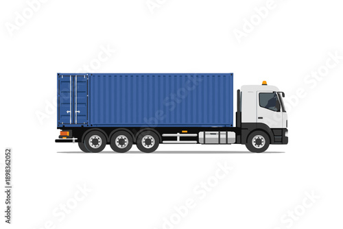 Blue container truck with white cab side view illustration