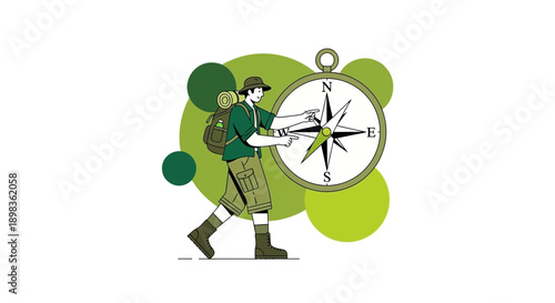 Adventurer With Compass Navigating Through Abstract Green Background
