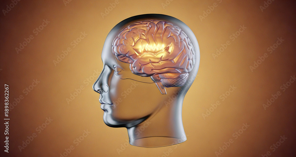 Obraz premium Human Head with Glowing Brain, Mental Clarity and Focus, Orange Gradient Background, 3D Illustration