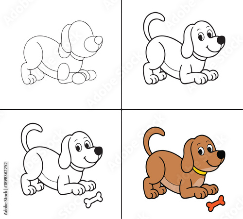 cartoon dog illustrations in different stages of coloring and bone