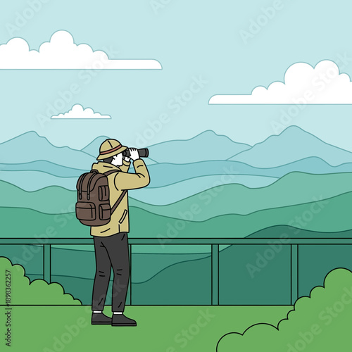 Adventurous Explorer Gazing Through Binoculars At Vast Mountain Range Landscape