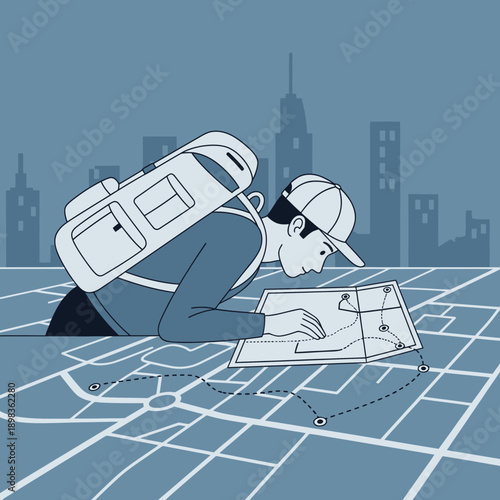 Adventurous Explorer Navigates Urban Landscape Using Detailed City Map