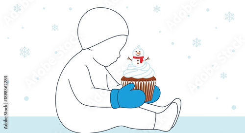 Adorable Child With Snowman Cupcake During Winter Snowfall
