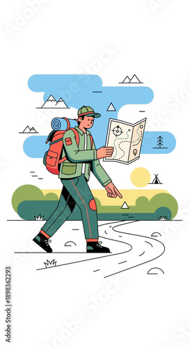 Adventurous Explorer Navigating Scenic Trails With A Detailed Map And Backpack