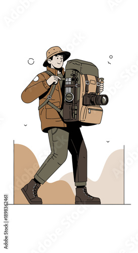 Adventurous Explorer With Heavy Backpack Captures Wilderness Journeys