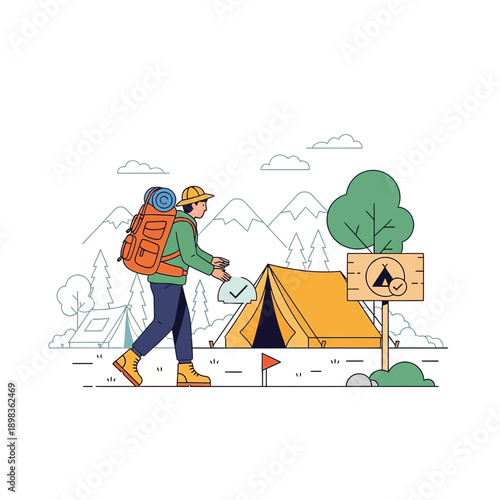 Adventurous Hiker Arriving At A Scenic Campsite Setting Up For Outdoor Exploration
